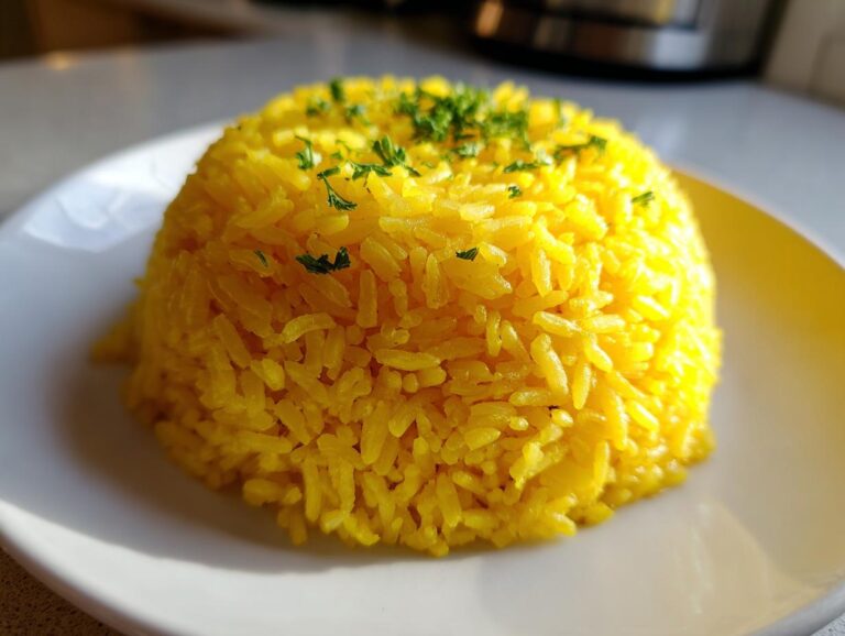 A close-up of a perfectly molded dome of bright yellow turmeric rice garnished with chopped green herbs.