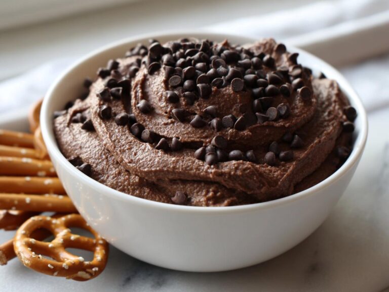 A white bowl filled with rich, swirled brownie batter dip, generously topped with mini chocolate chips. Pretzels are visible nearby.