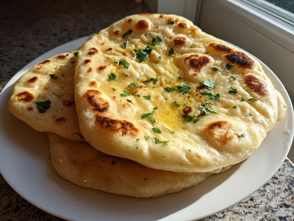 Three pieces of fluffy, golden naan bread brushed with butter and sprinkled with fresh parsley on a white plate.