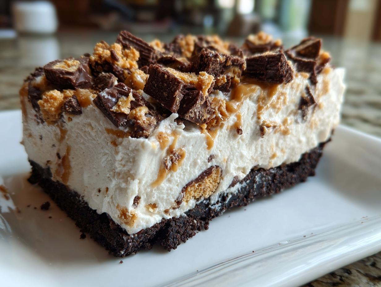 A thick slice of no-bake butterfinger pie with a dark crust, creamy filling, and topped with chopped candy pieces.