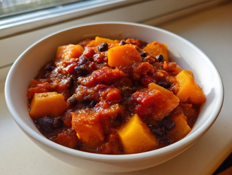 Close-up of a white bowl filled with hearty butternut squash chili, featuring large orange chunks of squash and black beans in a rich sauce.