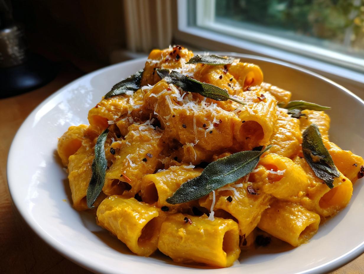A close-up of creamy butternut squash pasta (rigatoni) topped with fried sage leaves and grated cheese.