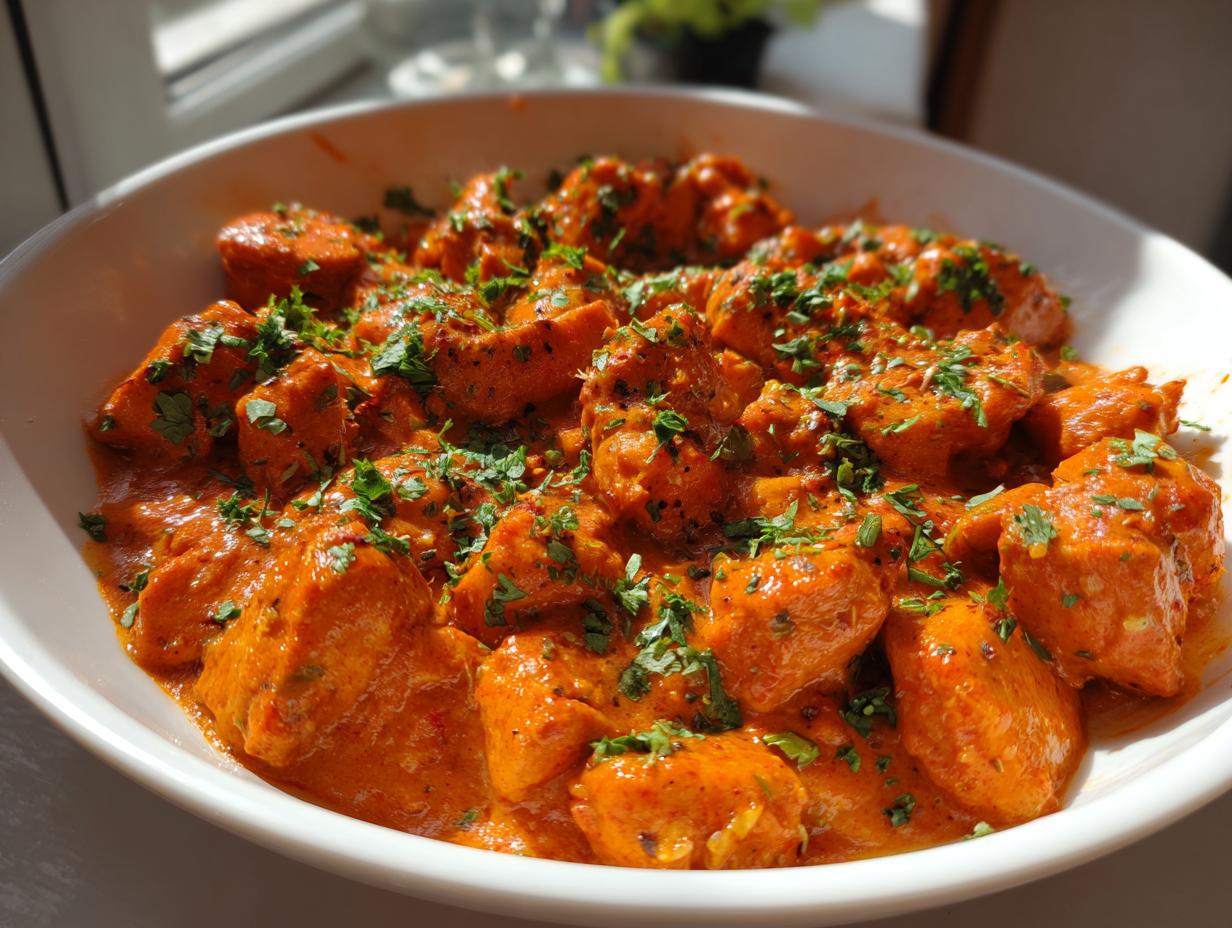 Close-up of tender pieces of cajun chicken coated in a rich, orange-red sauce and garnished with fresh parsley.