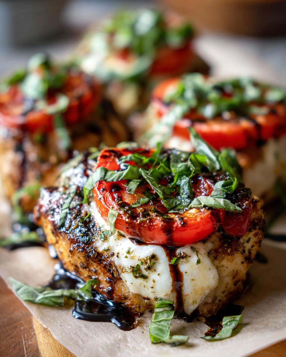 Close-up of a juicy caprese chicken breast topped with melted mozzarella, roasted tomato, and fresh basil.