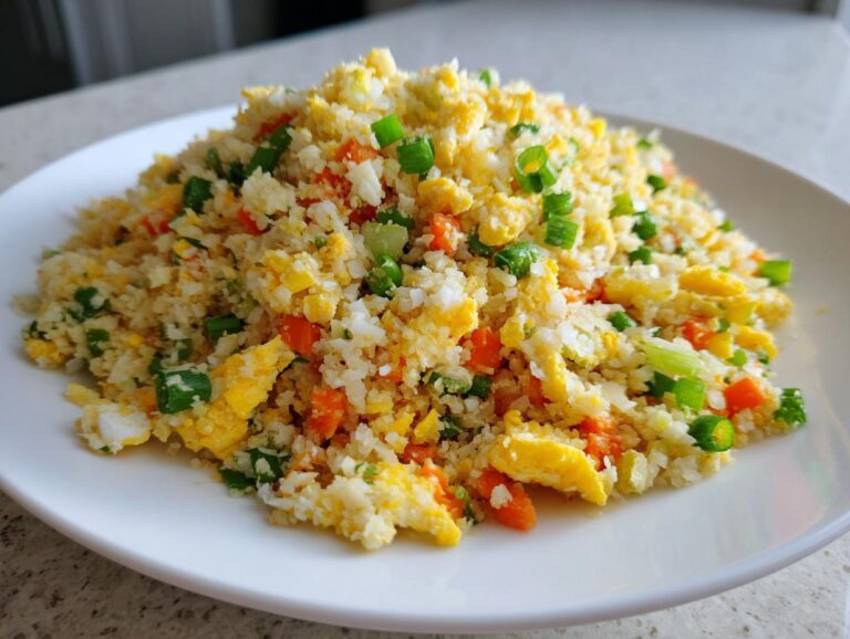 A mound of flavorful cauliflower rice mixed with scrambled egg, diced carrots, and green onions on a white plate.