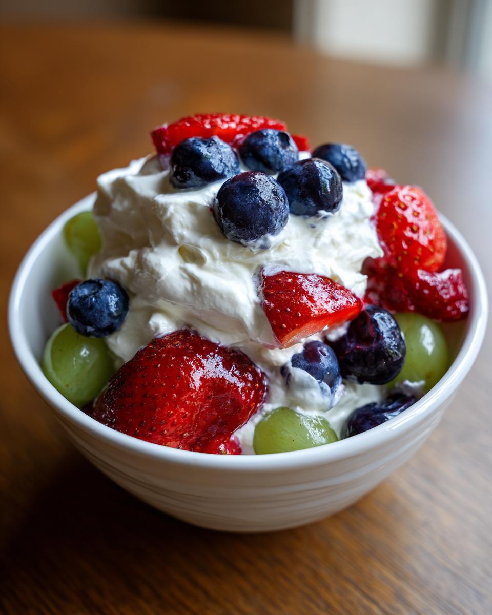 A white bowl filled with cheesecake fruit salad topped with whipped cream, fresh strawberries, blueberries, and green grapes.