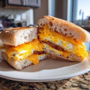 A hearty english muffin breakfast sandwich cut in half, showing melted cheddar cheese, fried egg, and sausage patty.