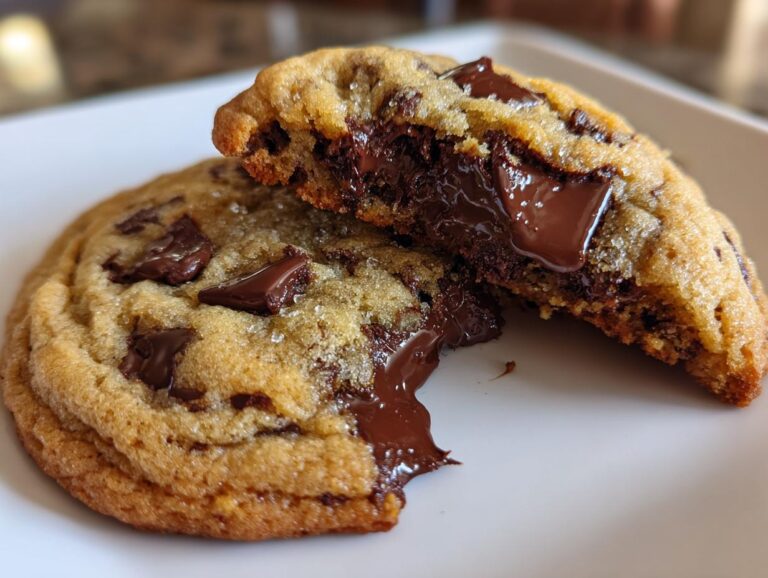 Close-up of a chewy chocolate chip cookie broken in half revealing a gooey, molten chocolate center.