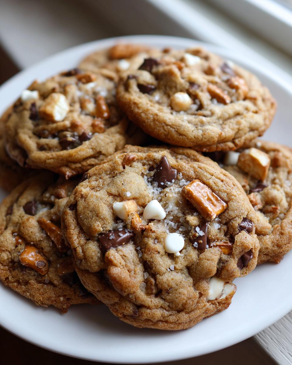 A close-up of several freshly baked kitchen sink cookies piled on a white plate, featuring chocolate chips, white chocolate, and pretzel pieces.