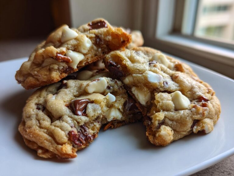 A stack of freshly baked, chewy kitchen sink cookies loaded with white chocolate chips and dark chocolate chunks.