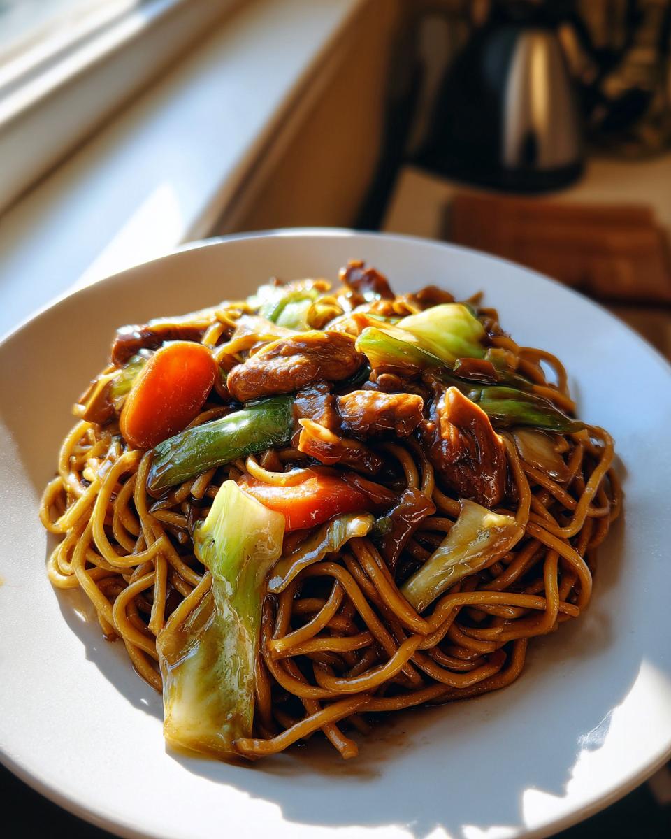 A close-up of a serving of chicken chow mein recipe, featuring glossy noodles, chicken pieces, carrots, and bok choy.