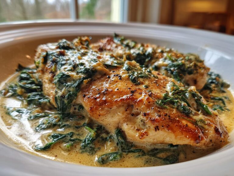 Close-up of two pan-seared chicken breasts covered in creamy spinach sauce, classic chicken florentine.