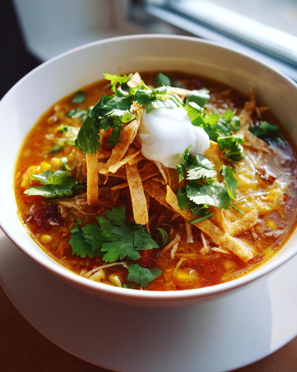 A close-up of a vibrant bowl of chicken tortilla soup topped with sour cream, cilantro, and crispy tortilla strips.