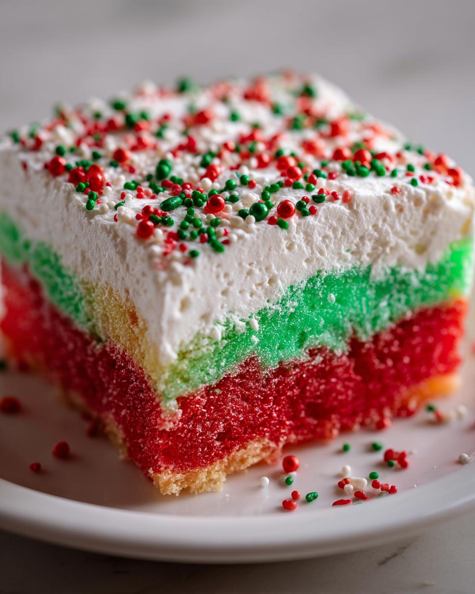 A square slice of layered christmas poke cake featuring red, green, and yellow layers topped with white frosting and red/green sprinkles.