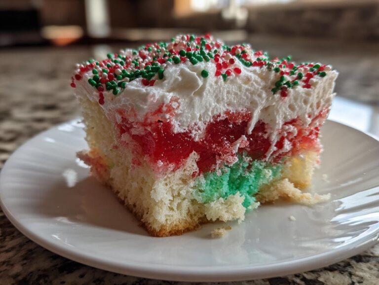 A slice of festive Christmas poke cake showing layers of colored gelatin, white frosting, and red/green sprinkles.