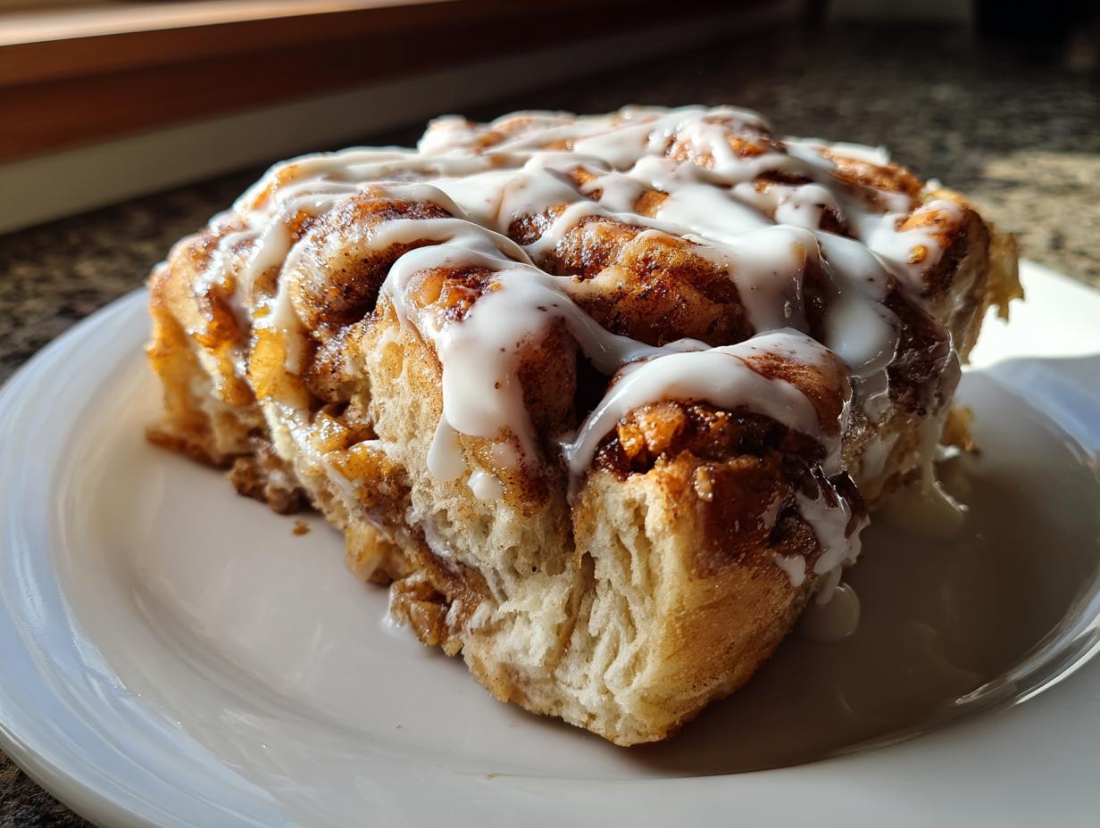 A close-up of a single, gooey slice of cinnamon roll apple pie topped with thick white icing.