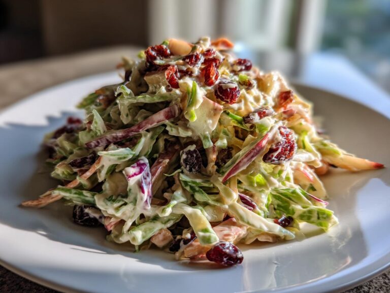 A mound of creamy apple cranberry coleslaw featuring shredded cabbage, red apple pieces, and dried cranberries on a white plate.