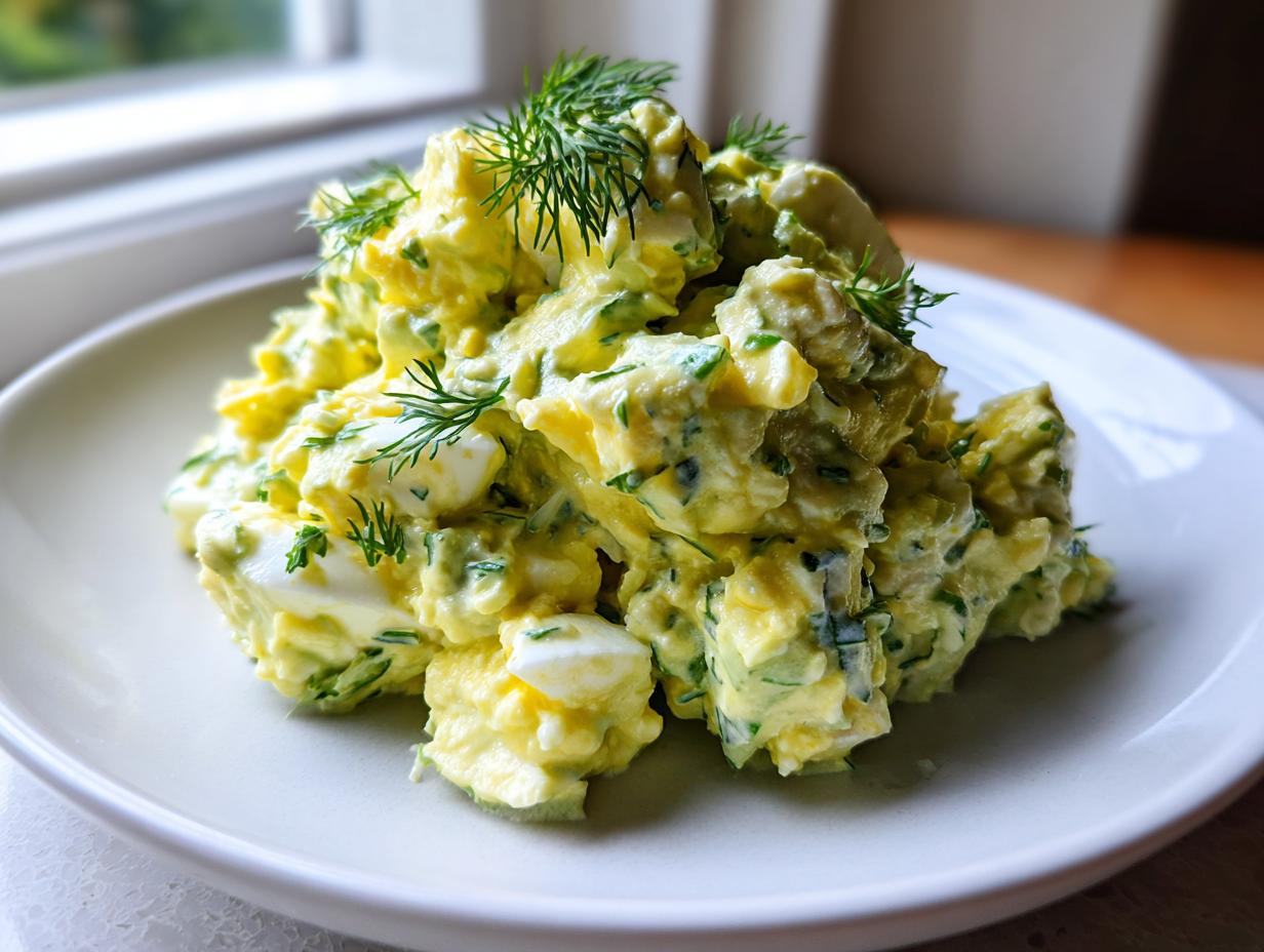 A mound of creamy avocado egg salad with visible chunks of egg and green herbs, garnished with fresh dill.