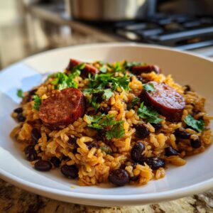 Close-up of creamy black beans and rice topped with sliced smoked sausage and fresh cilantro.