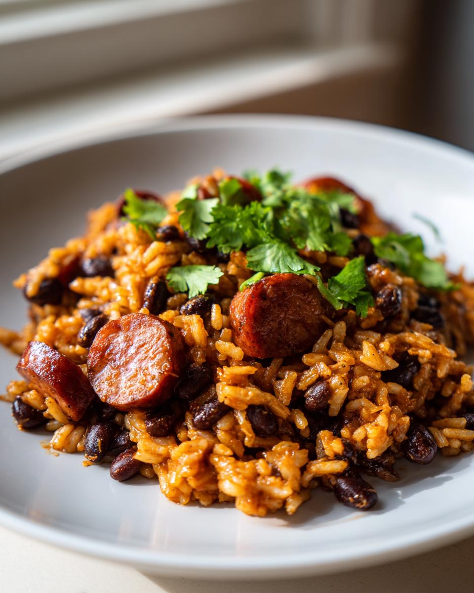 Close-up of creamy black beans and rice mixed with sliced smoked sausage and topped with fresh cilantro.
