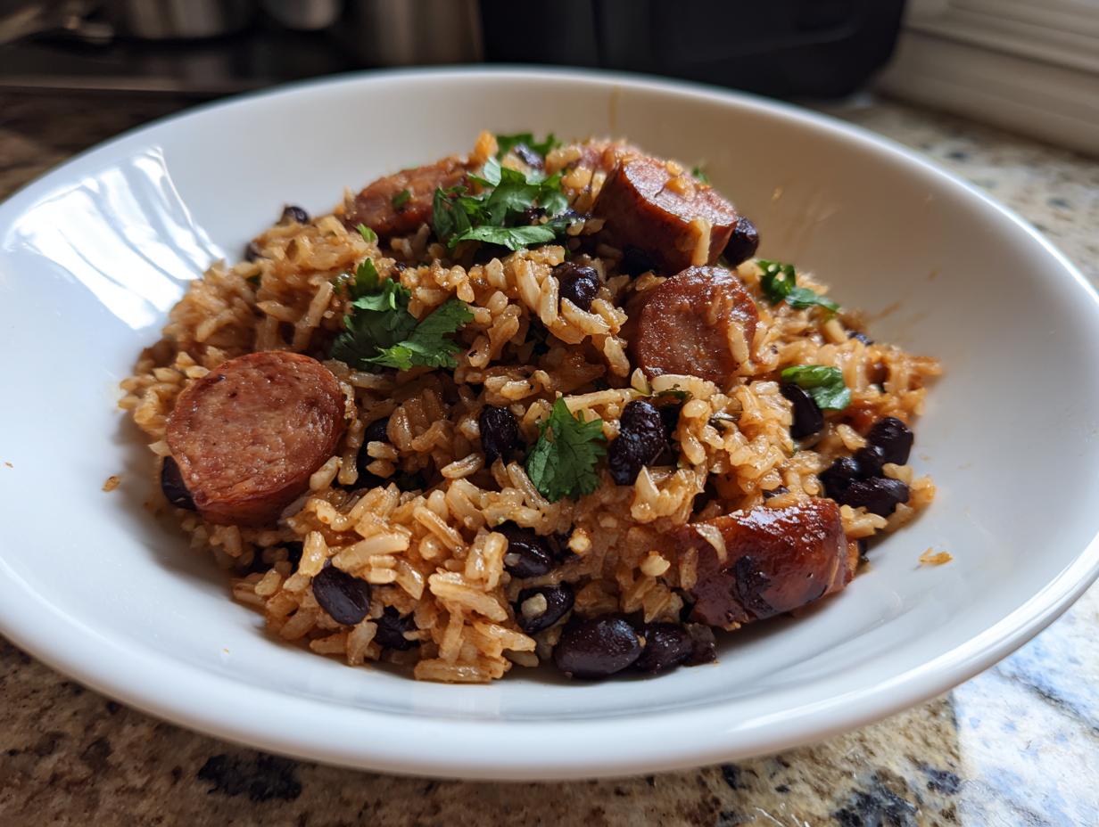 A close-up of creamy black beans and rice mixed with sliced sausage and topped with fresh cilantro.