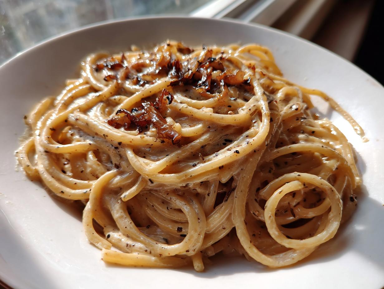 Close-up of creamy caramelized onion pasta tossed in a rich sauce and topped with dark caramelized onions.