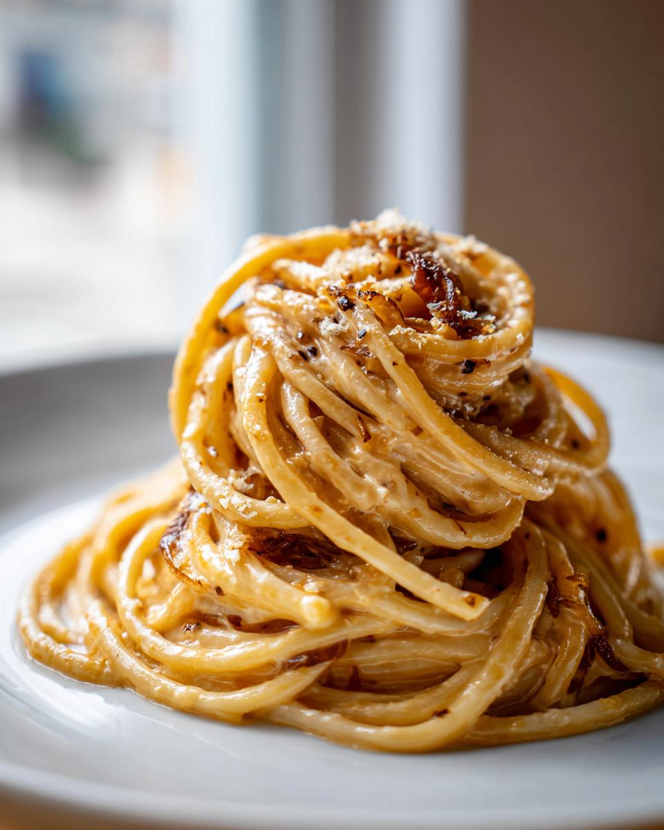 Close-up of a perfectly twirled portion of creamy caramelized onion pasta, topped with cheese.