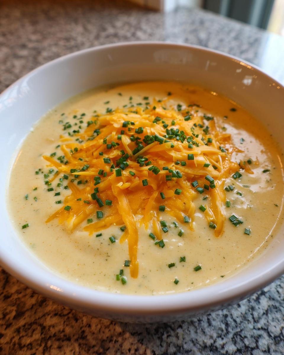 A close-up of creamy cauliflower soup garnished generously with shredded cheddar cheese and fresh chopped chives.