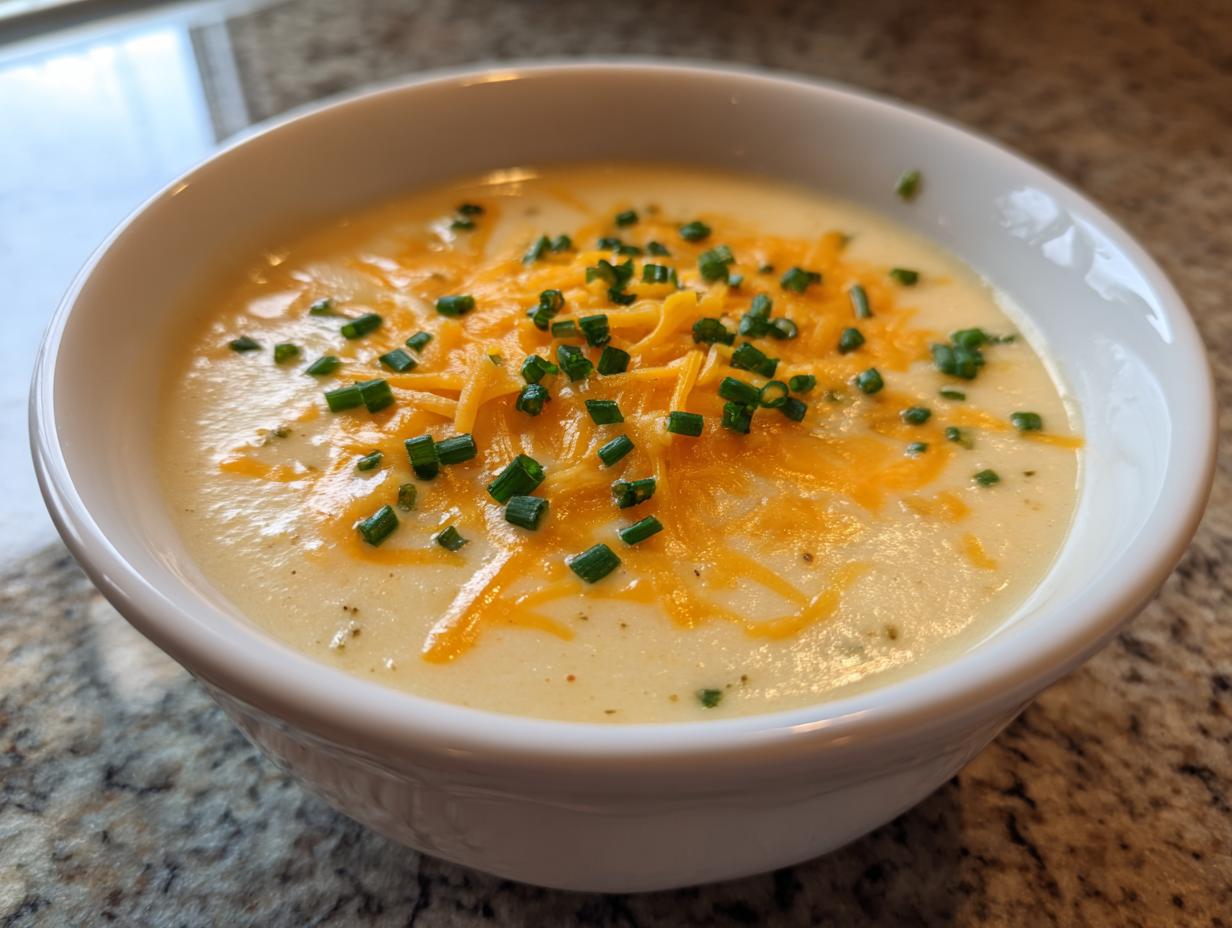 A close-up of a bowl of creamy cauliflower soup garnished with shredded cheddar cheese and fresh chopped chives.