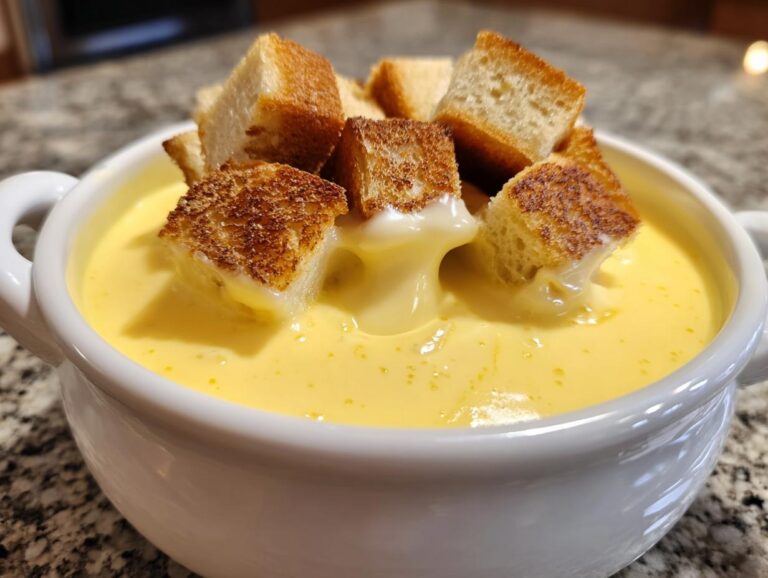 Close-up of a white bowl filled with smooth, yellow cheese fondue, topped with golden brown, toasted bread cubes.