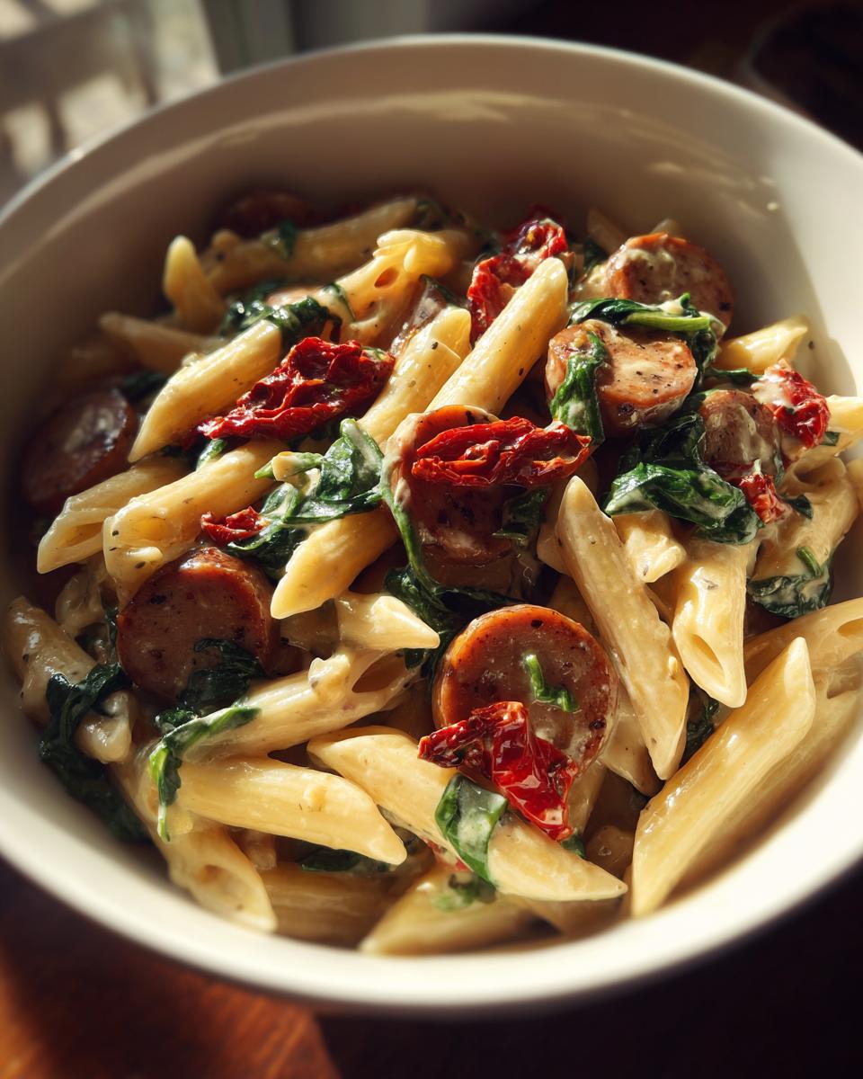 Close-up of creamy chicken sausage pasta with spinach and sun-dried tomatoes in a white bowl.