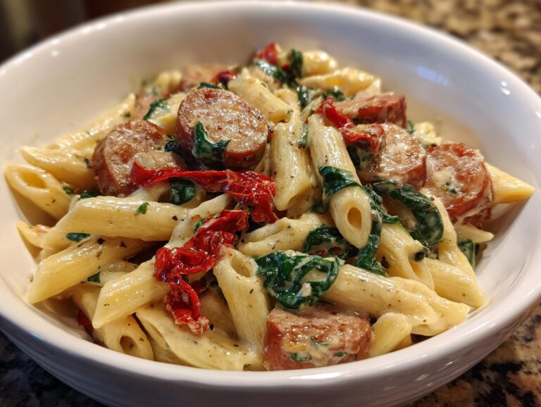 Close-up of creamy chicken sausage pasta featuring penne, sliced sausage, spinach, and sun-dried tomatoes in a white bowl.