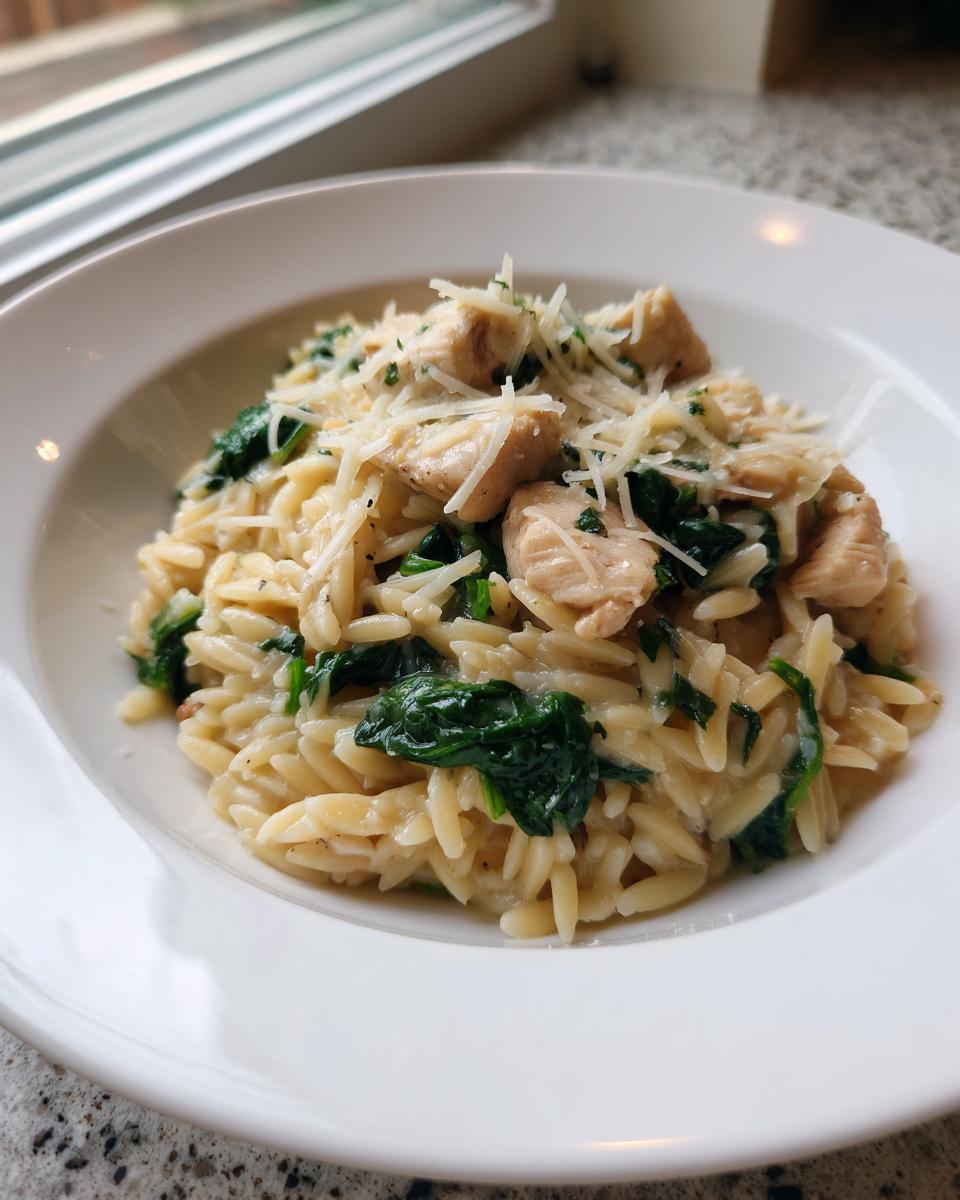 A close-up of creamy orzo pasta mixed with chunks of chicken and wilted spinach, topped with grated Parmesan cheese.