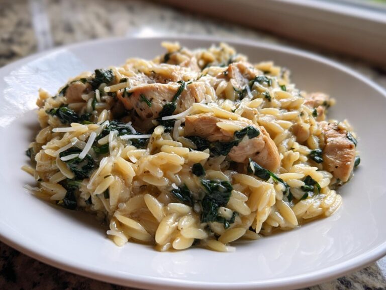 Close-up of a creamy chicken and spinach orzo pasta dish topped with grated cheese on a white plate.