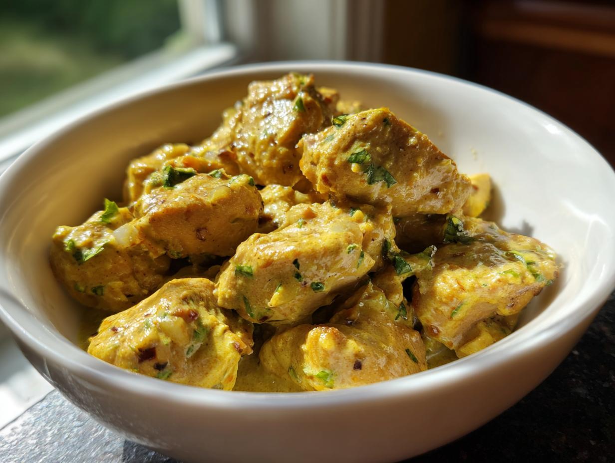 Close-up of creamy coconut lime chicken pieces coated in a rich yellow sauce and garnished with green herbs in a white bowl.