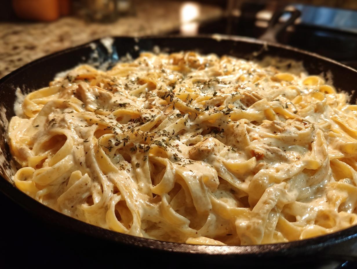 Close-up of fettuccine pasta coated in rich vegan alfredo sauce, garnished with dried herbs in a cast iron skillet.