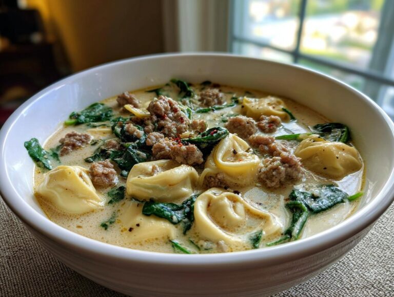 A close-up of a hearty bowl of creamy Italian sausage tortellini soup with wilted spinach.