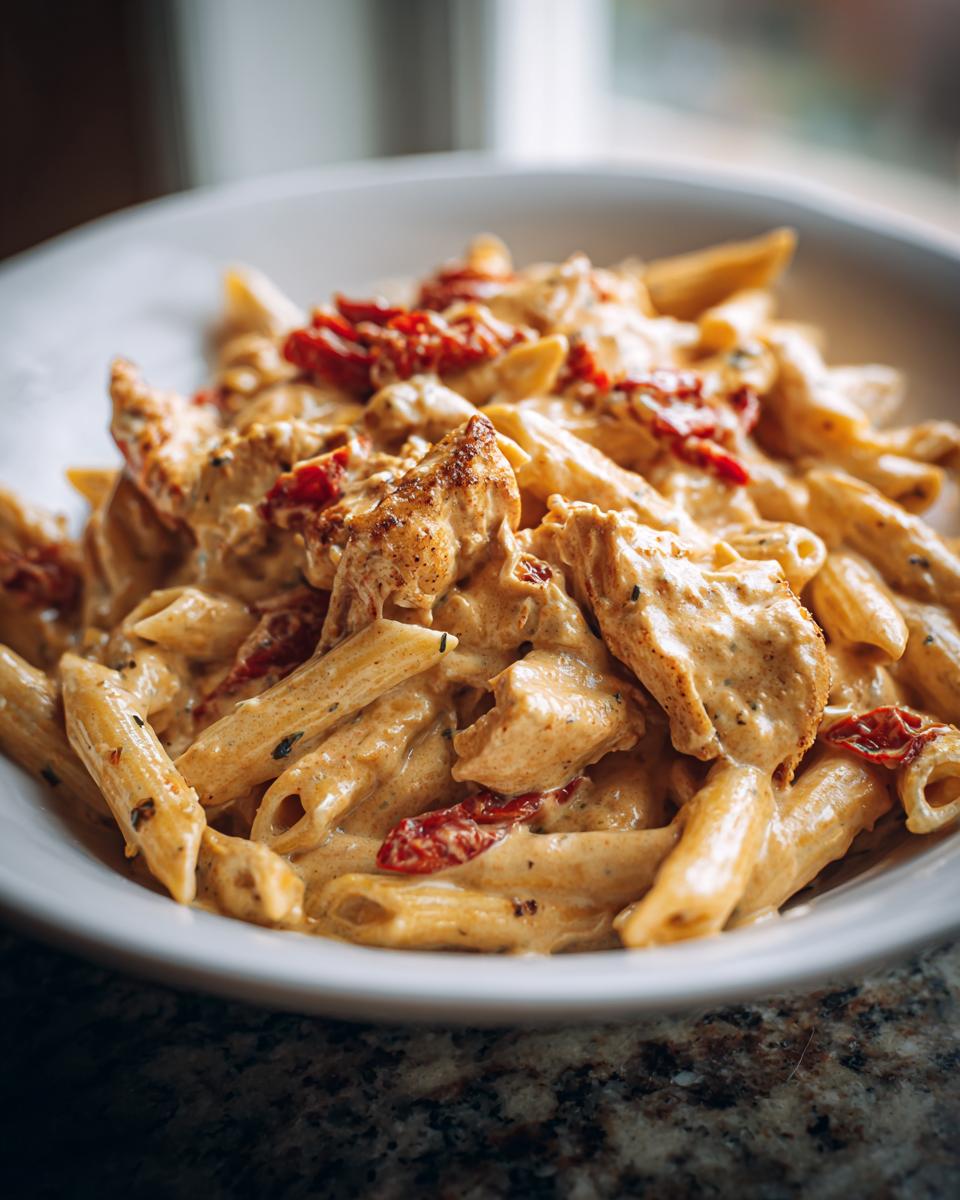 Close-up of a bowl of marry me chicken pasta featuring penne, creamy sauce, chicken pieces, and sun-dried tomatoes.