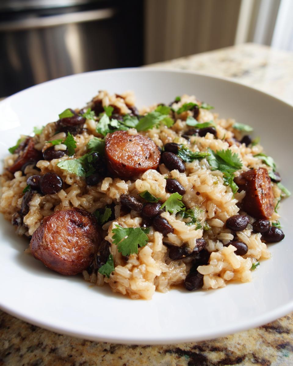 A close-up of creamy black beans and rice mixed with sliced, browned sausage and fresh cilantro garnish.