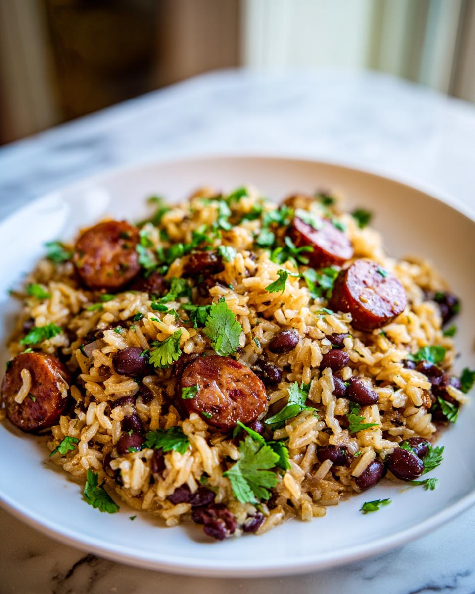 Close-up of creamy black beans and rice mixed with sliced, browned sausage and fresh cilantro garnish.