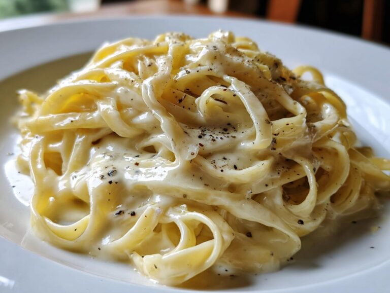Close-up of creamy fettuccine pasta coated in a rich sauce, topped with cracked black pepper, representing amazing parmesan pasta.