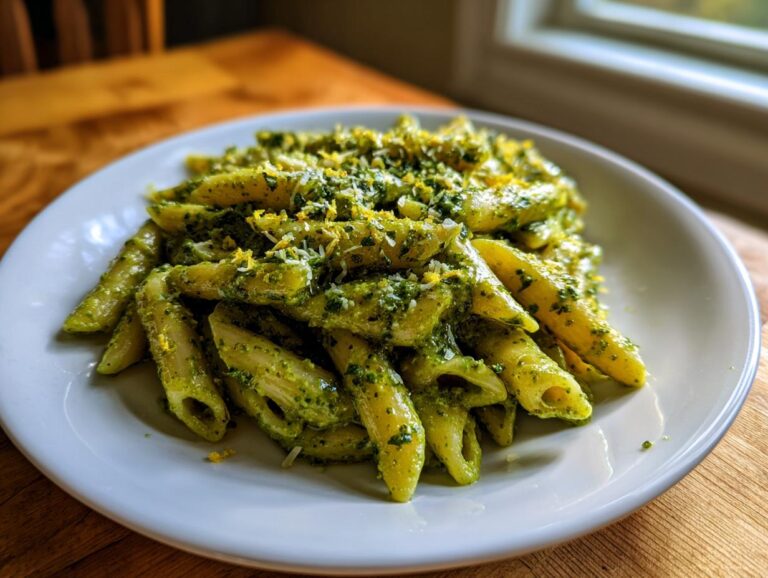 A close-up of penne pasta coated in rich, creamy pesto pasta, topped with grated cheese.