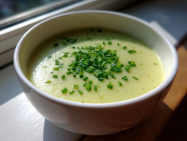 A close-up of a bowl of creamy potato leek soup, garnished generously with bright green chopped chives.