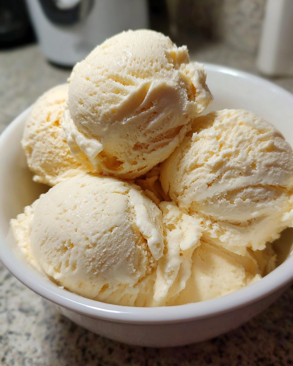 Close-up of four scoops of creamy, pale yellow protein ice cream served in a white bowl.