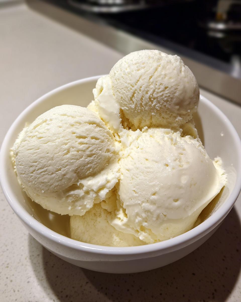 Close-up of four generous scoops of creamy, vanilla-colored protein ice cream in a white bowl.