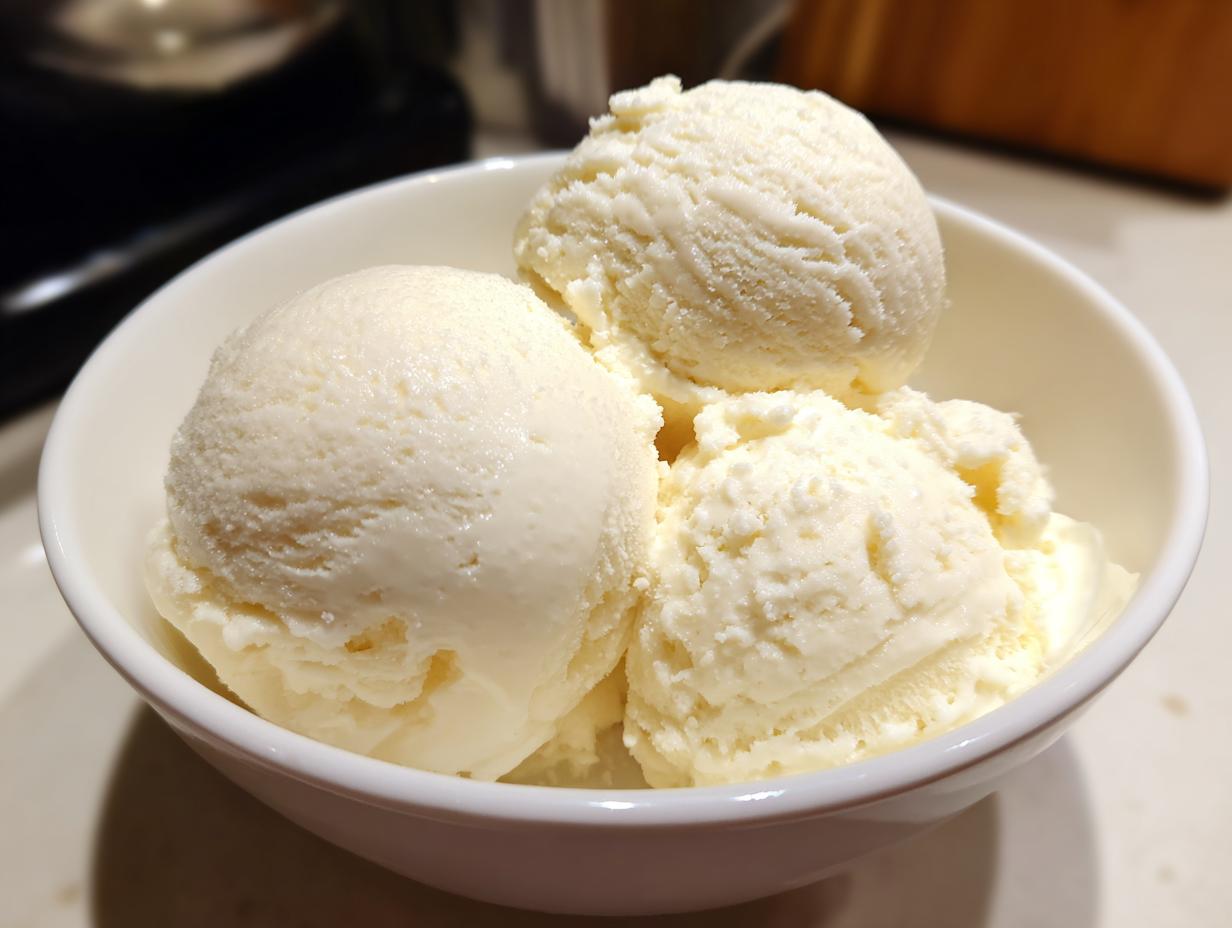 Three scoops of creamy, pale yellow protein ice cream served in a white bowl.