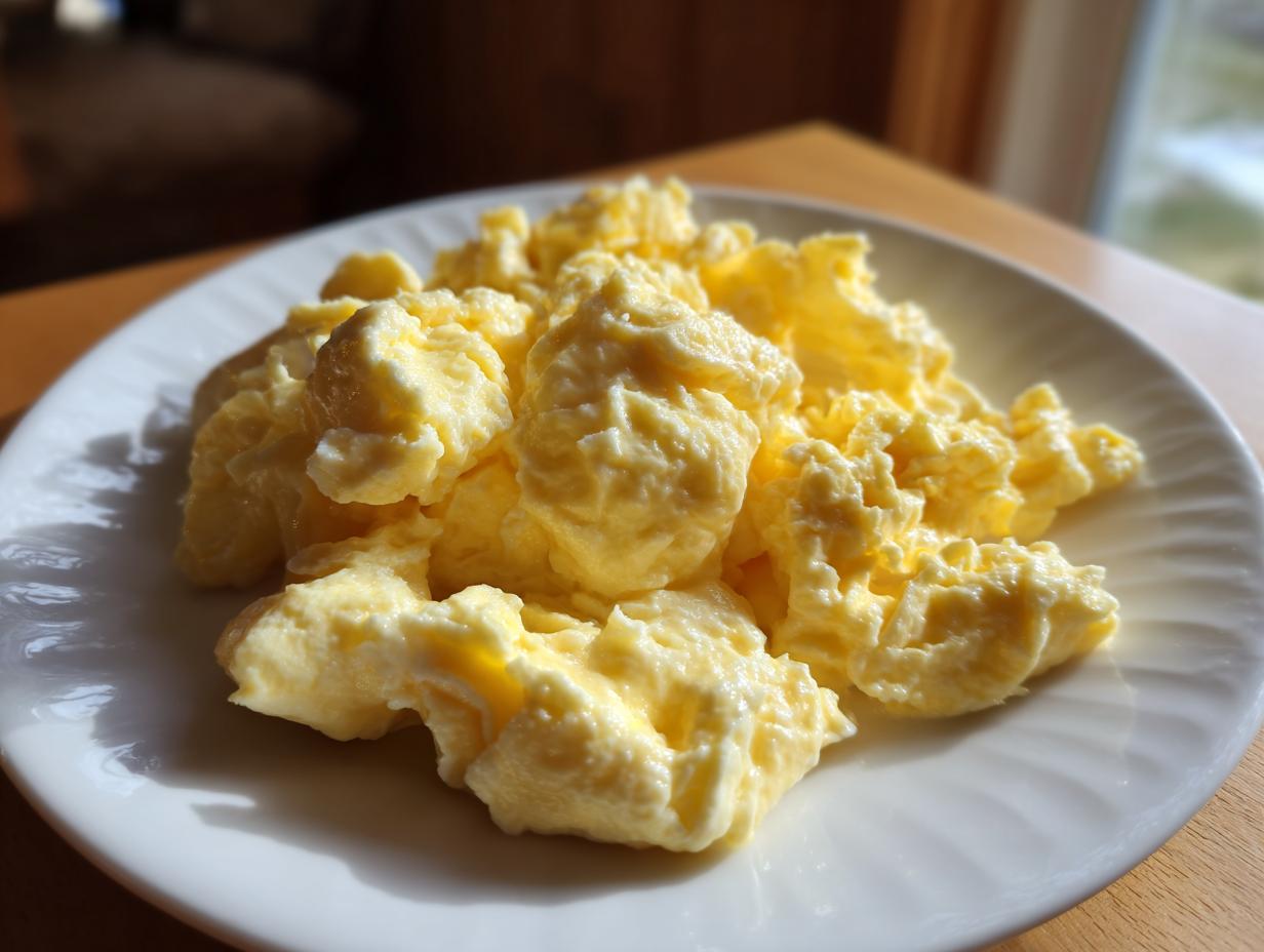 A close-up of fluffy, creamy scrambled eggs served on a white, ridged plate, bathed in natural light.