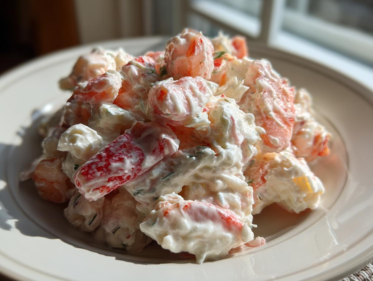 A close-up of creamy seafood salad featuring pink seafood chunks mixed in a white dressing, served on a light plate.