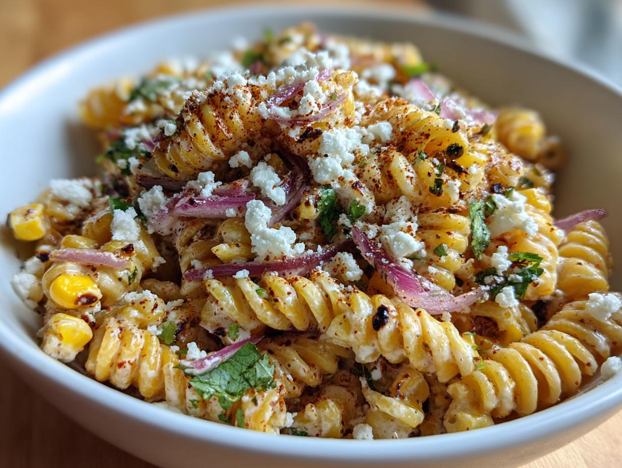 A close-up of a bowl filled with creamy street corn pasta salad, topped with cotija cheese, red onion, and chili powder.