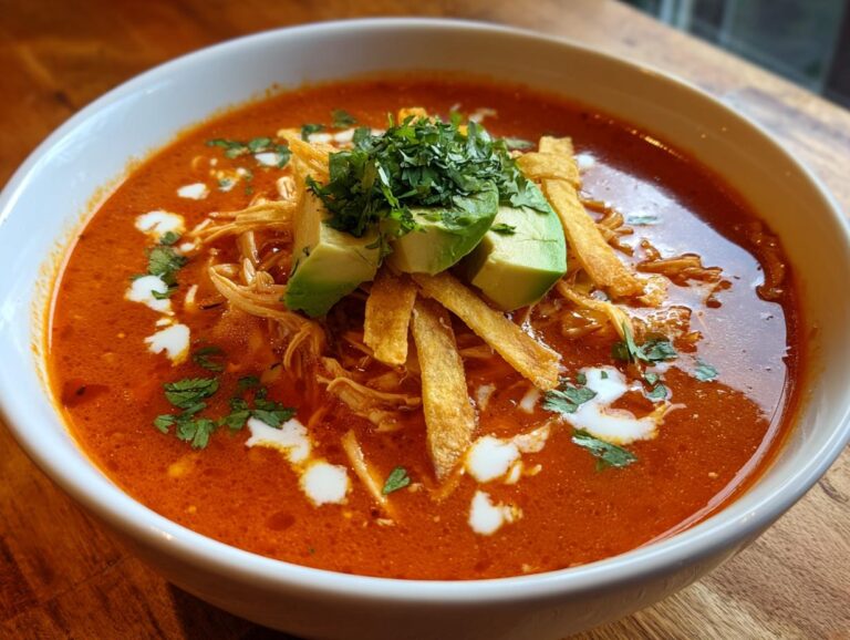 Close-up of a bowl of rich, creamy tortilla soup garnished with avocado, tortilla strips, and cilantro.
